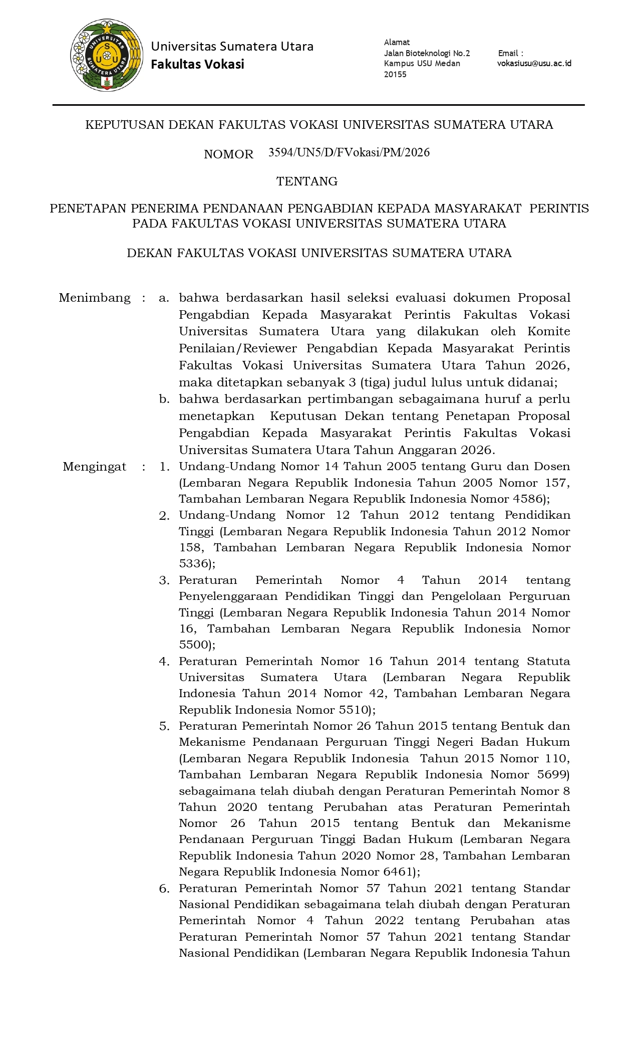 Selamat kepada Penerima Pendanaan Pengabdian kepada Masyarakat Perintis Fakultas Vokasi USU Tahun Anggaran 2026
